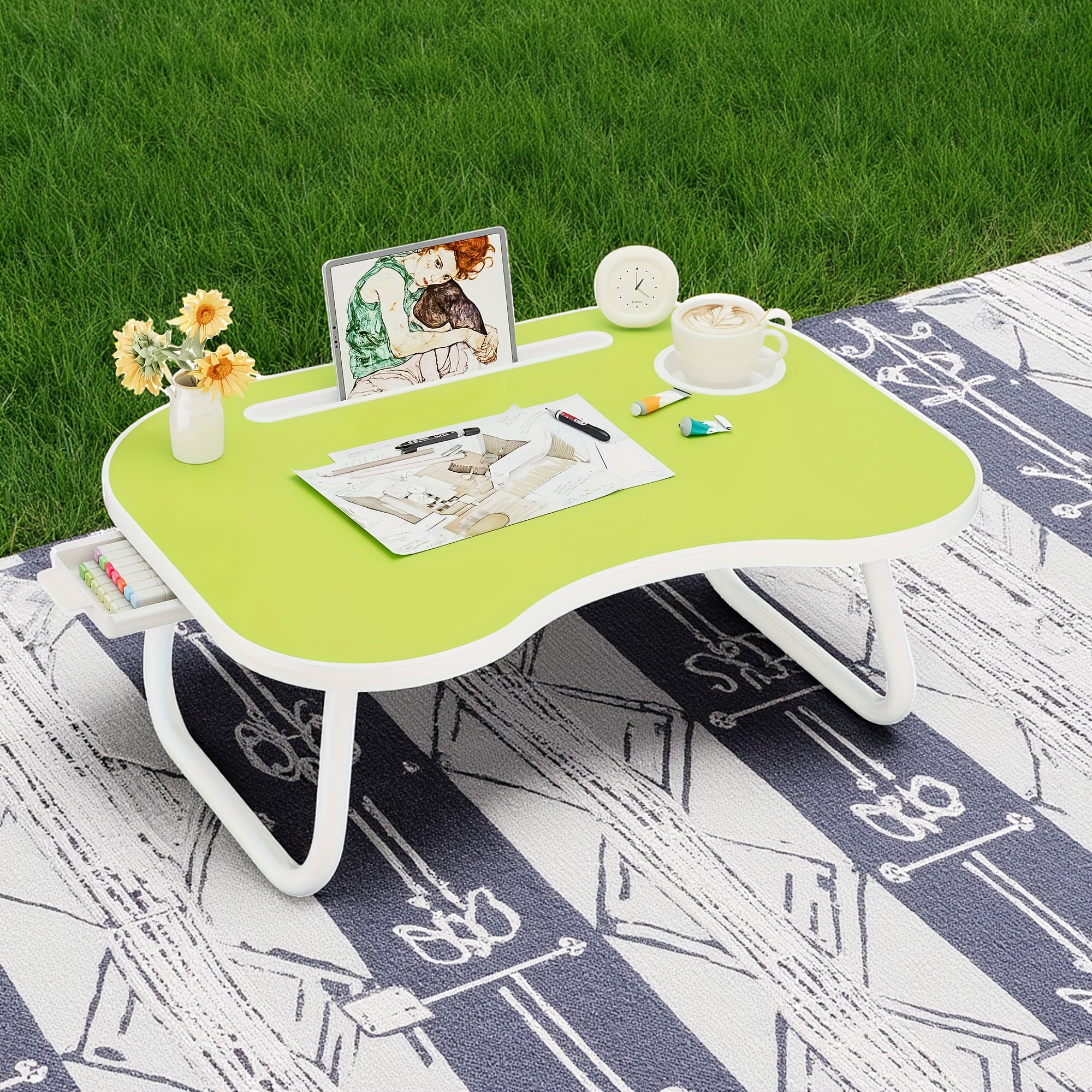 Foldable Portable Lap Desk with Cup Holder & Drawer - Adjustable Laptop Bed Tray for Sofa, Floor, Study, Breakfast, Multi Use Stand Table