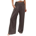 thumbnail image 6 of YUGYXL High Elastic Waist Linen Pants for Women Button Up Palazzo Pants with Pockets Summer Lightweight Wide Leg Pants Coffee M, 6 of 6