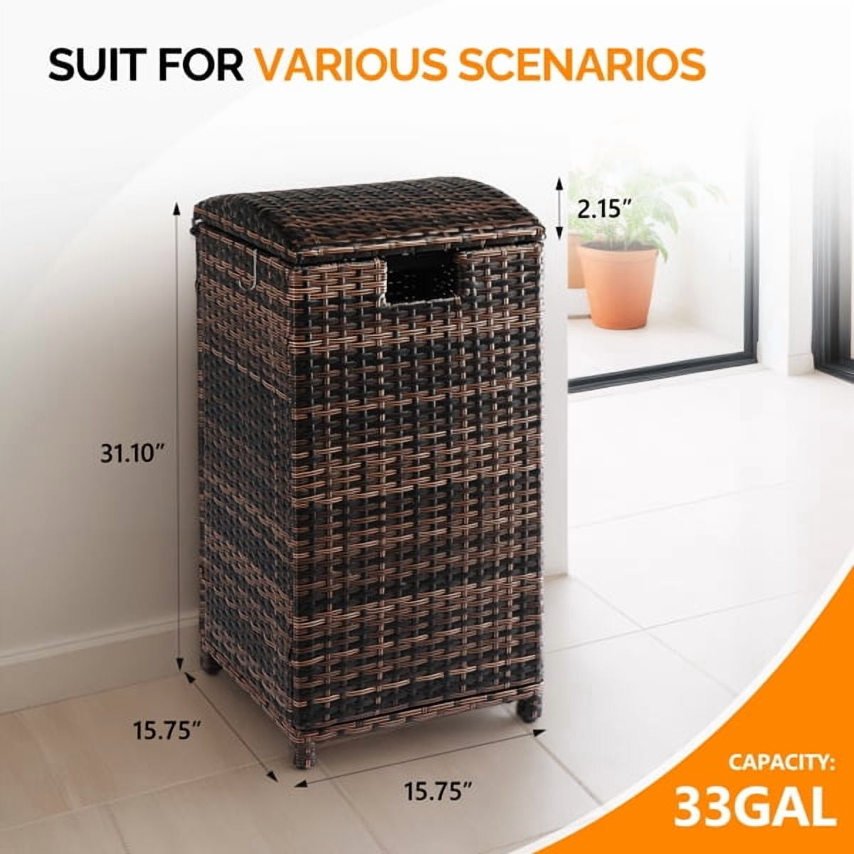 Wicker Patio Trash Bin, 33 Gallon Rattan Trash Can with Lid for Porch Backyard Deck Patio Poolside, Brown