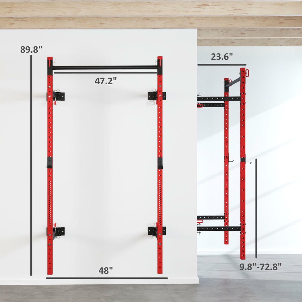 Barara King Barbell Rack with Pull Up Bar, Wall Mounted and Adjustable, Squat Rack Barbell Bench Press with 1000 Pounds Capacity, Red