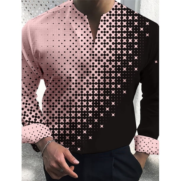 Camisa de hombre con estampado gráfico geométrico, cuello alto, ropa de calle para exteriores, manga larga, ropa estampada
