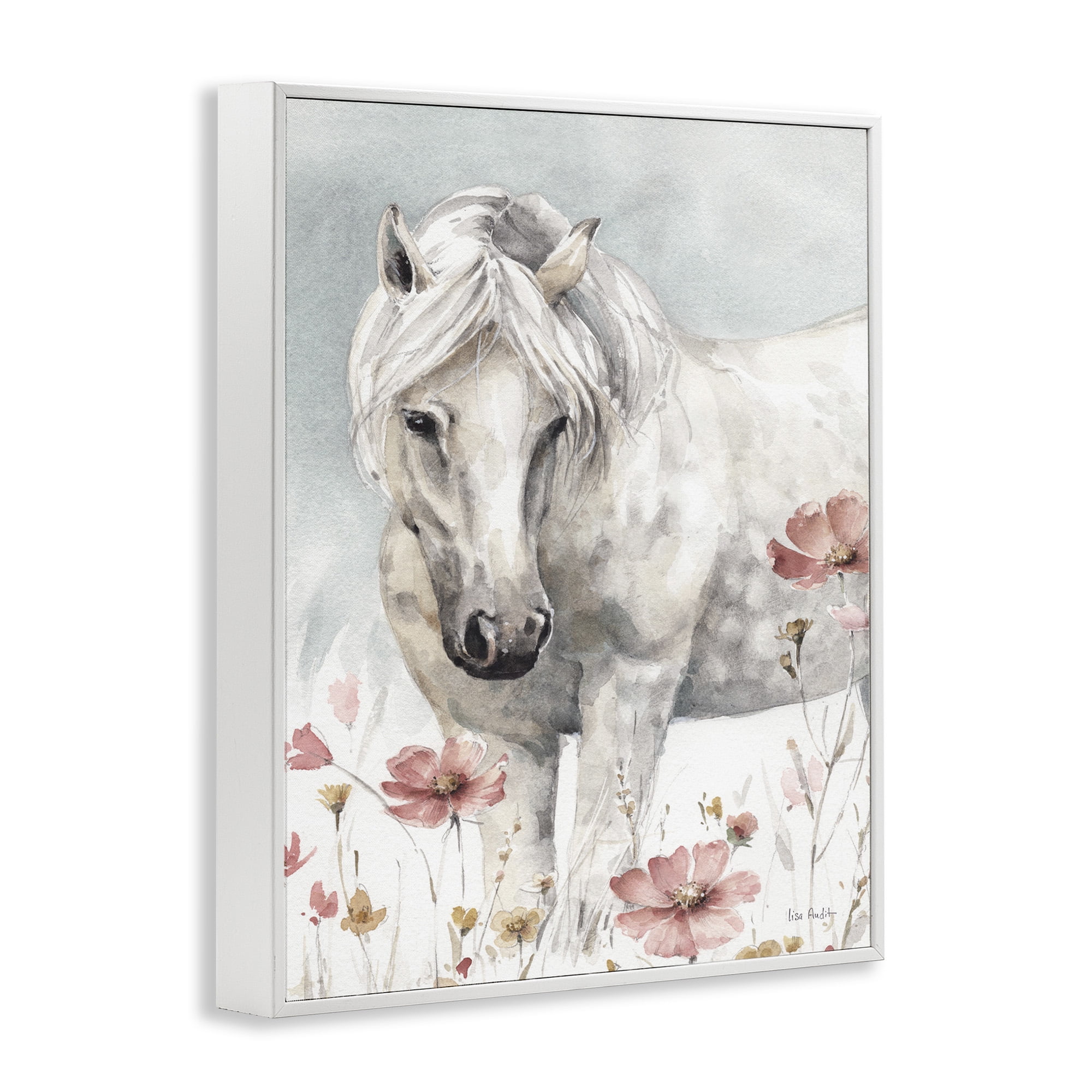 Stupell Industries Horse with Pink Flowers Animals & Insects Painting White Framed Art Print Wall Art, 16 x 20