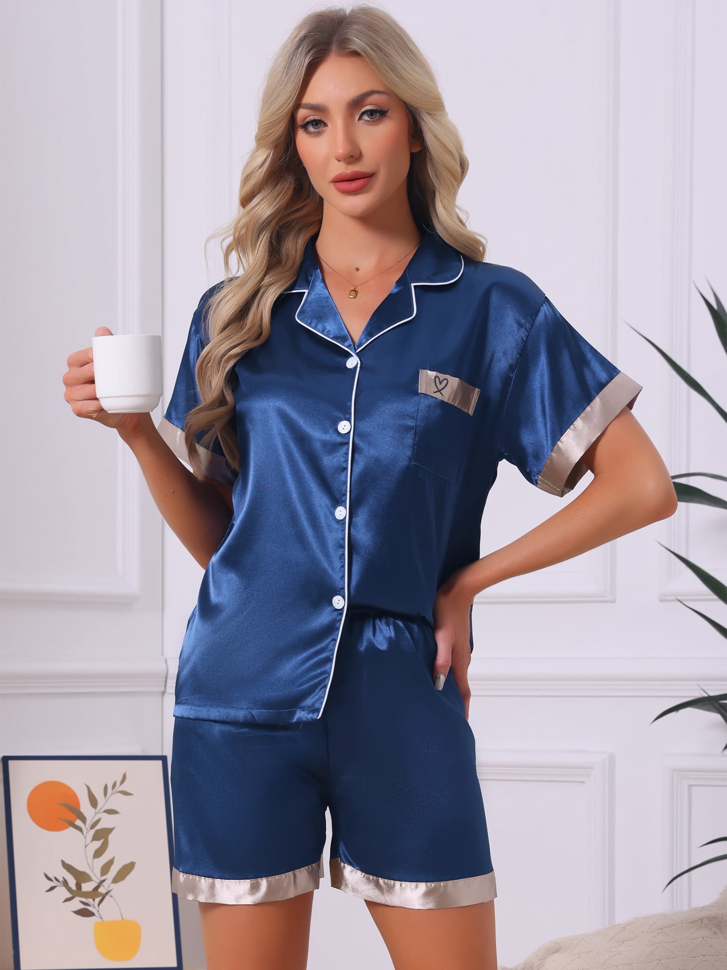DARING DIVA Women's Satin Pajamas Sleepwear Button Down Contrast Color Tops XS Blue