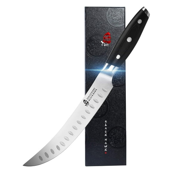 TUO Butcher Knife - 8 inch Scimitar Breaking Knife - Curved Slicing Carving Knife - German HC Steel Meat Cleaver - Full Tang Pakkawood Handle - Black Hawk Series with Gift Box