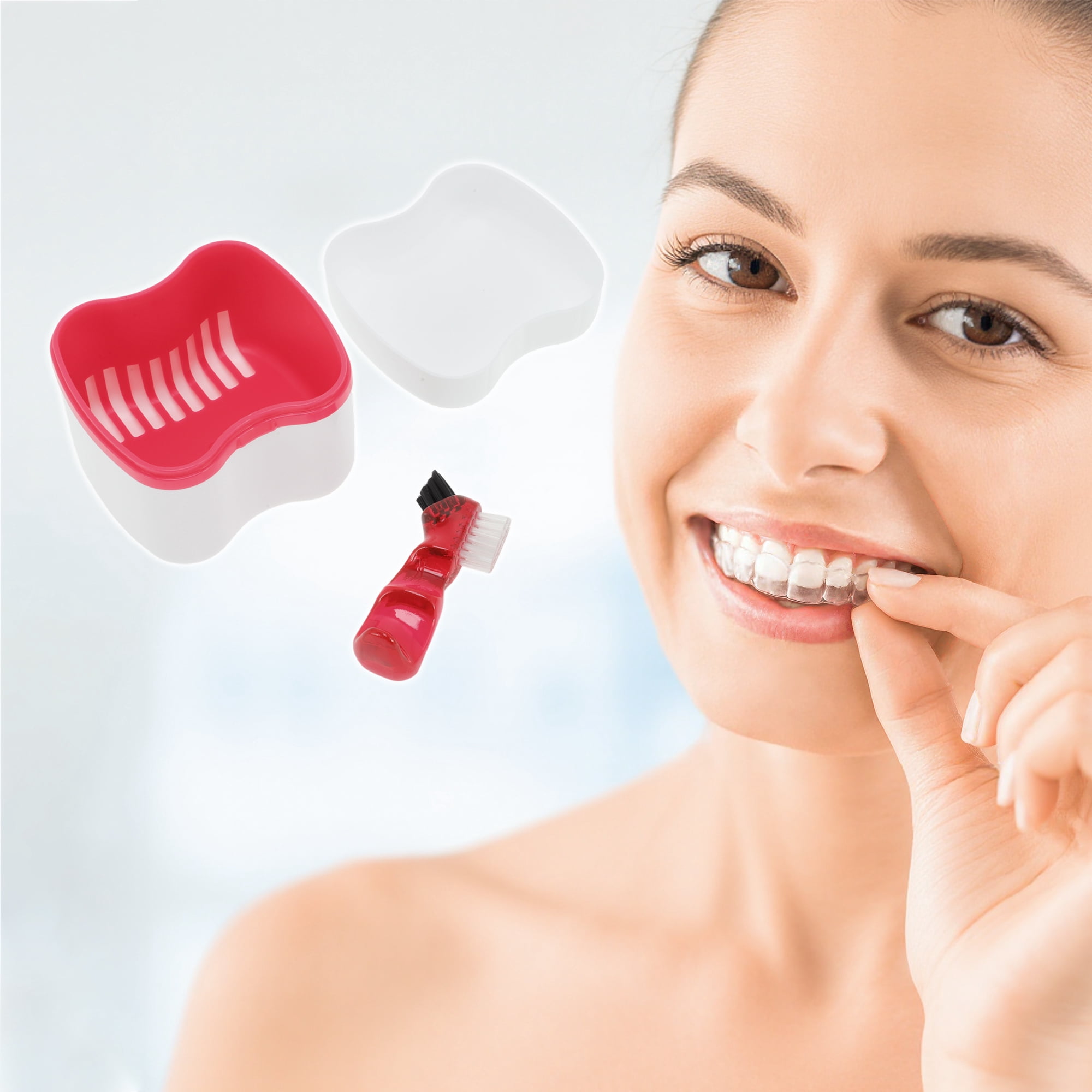 Unique Bargains Denture Bath Case Cup with Denture Cleaner Brush 1 Set Red