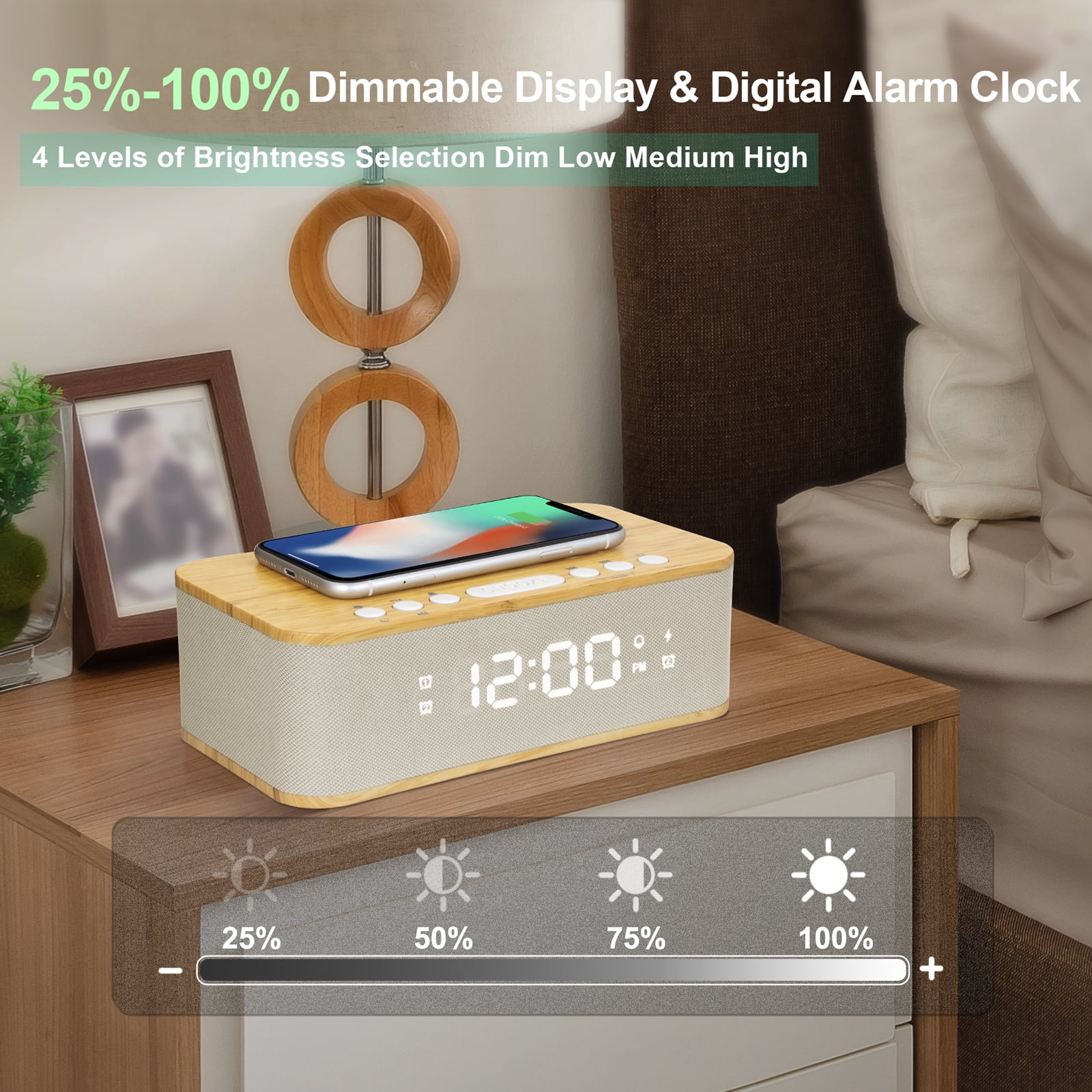 Fansbe Vibrating Digital Alarm Clock Bluetooth Speaker, Wireless Charging Alarm Clock Snooze, Wood