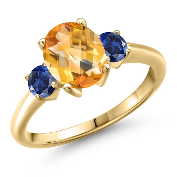 Gem Stone King 10K Yellow Gold Yellow Citrine and Blue Created Sapphire Engagement Ring for Women | 2.15 Cttw | Oval Checkerboard 9X7MM | Gemstone November Birthstone | Size 6