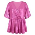 thumbnail image 4 of Top de manga corta para mujer, jersey con dobladillo con volantes, Top cruzado con cuello en V, camisa metálica, blusa con cintura elástica, rosa S, 4 of 6