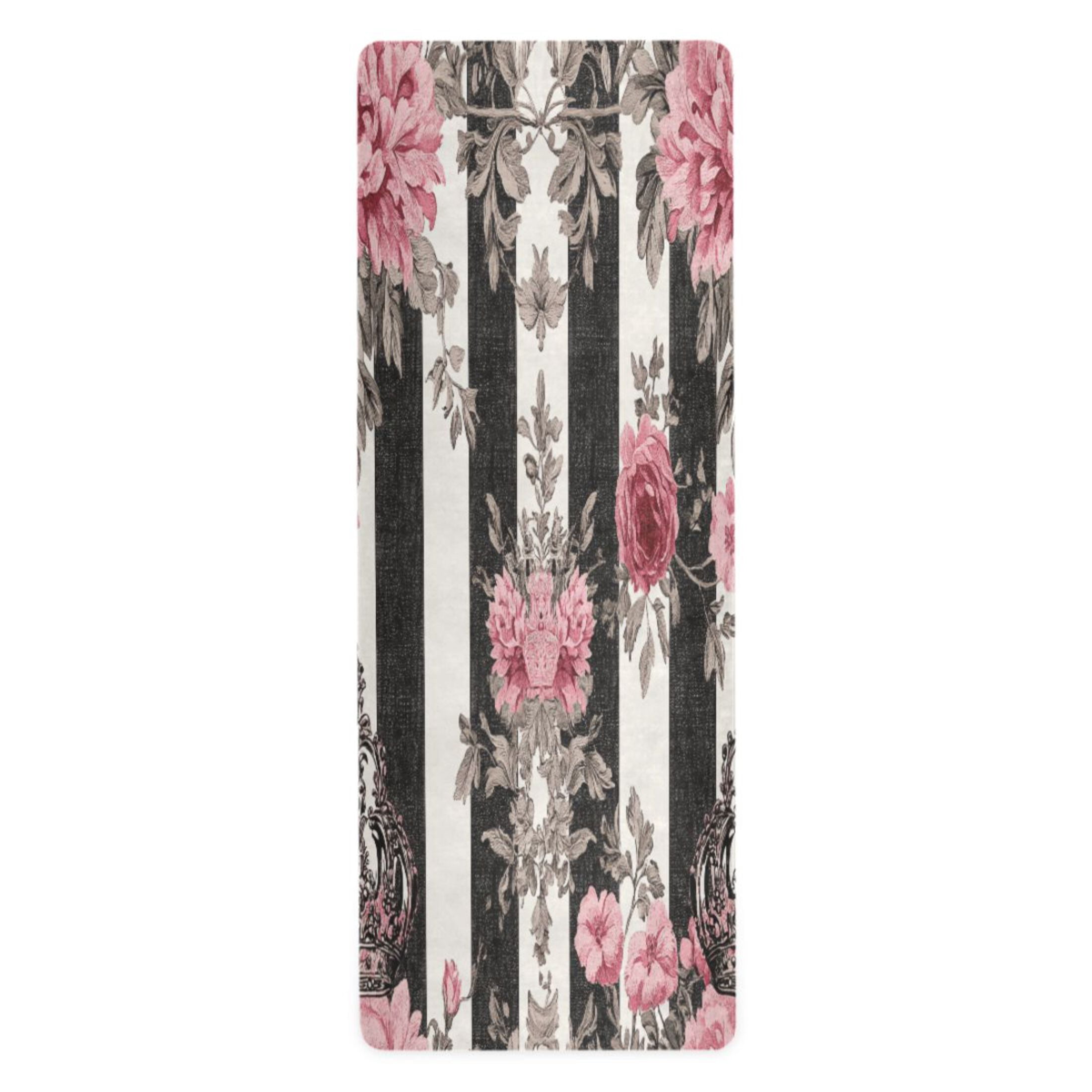 BZSMCE Yoga Mat Women Black White Stripes Pink Roses Fitness Mat