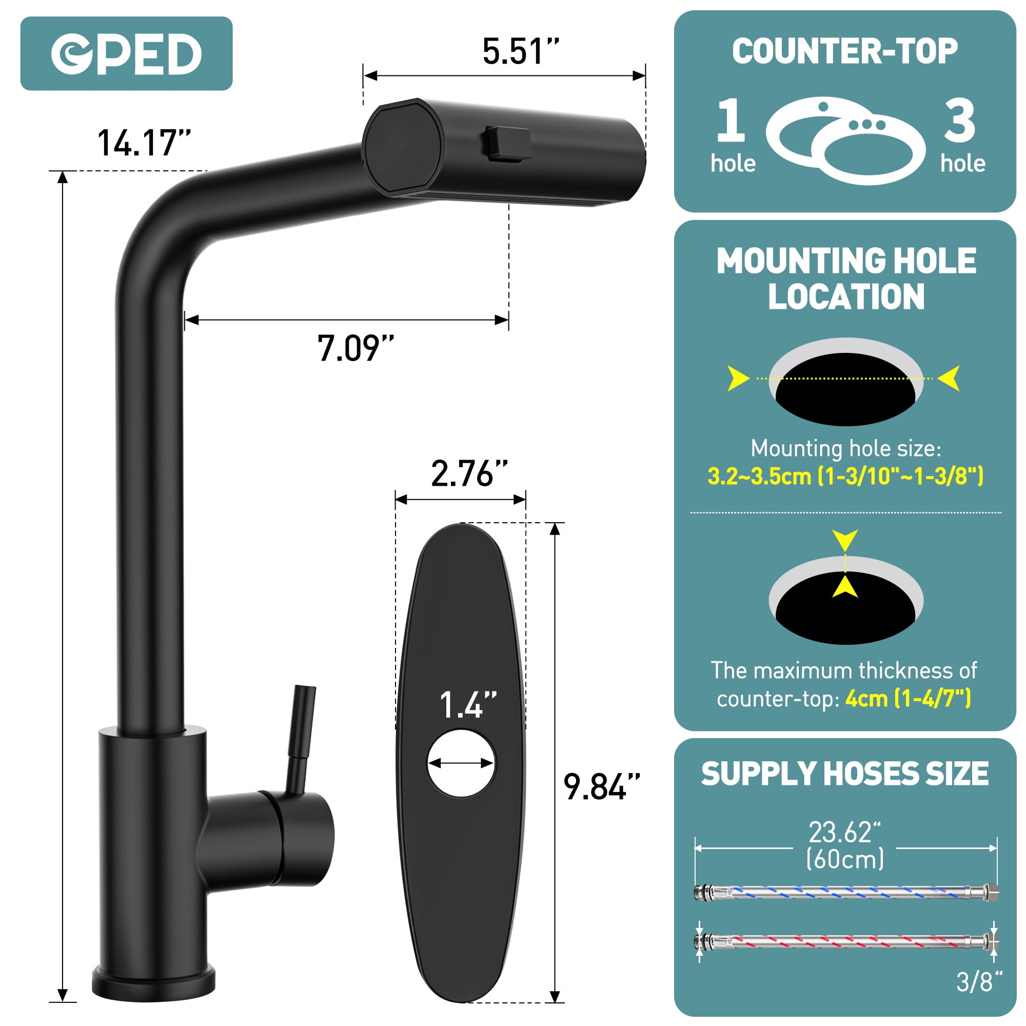 GPED Kitchen Faucets with Pull Down Sprayer, Waterfall Kitchen Sink Faucet w/ 3-Modes Sprayer, SUS304 Stainless Steel, 360° Rotatable Single Handle Faucet w/ Deck Plate &Water pipes for Laundry,Rv