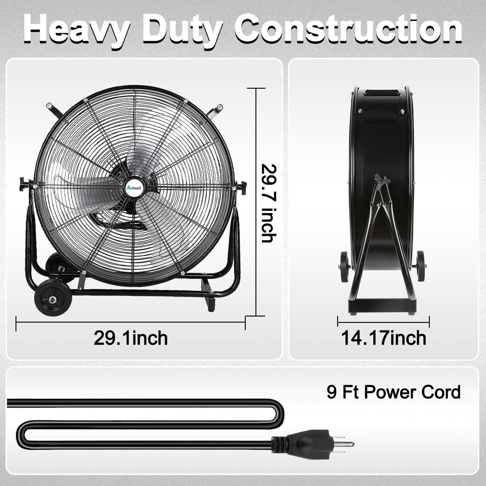 Achazel 24 Inch Industrial Drum Fan, 3-Speed Heavy Duty 8100 CFM Air Circulation High Velocity Floor Fan for Warehouse Workshops Garage Cooling Black