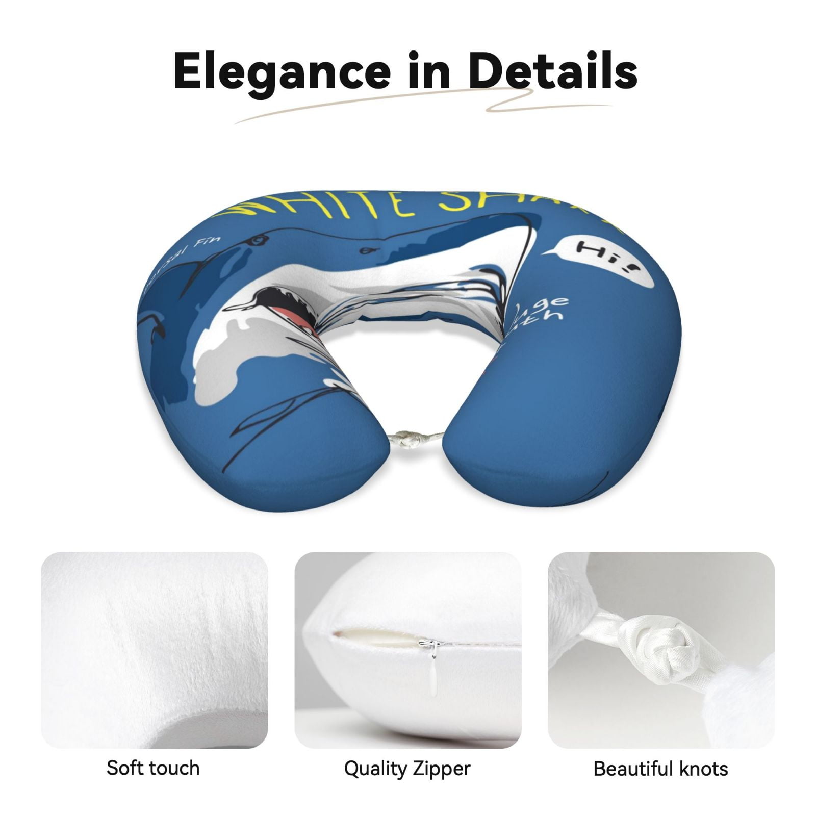 Xecao Great White Shark Print Memory Foam Cervical Neck Pillow Versatile U-Shaped Pillows for Home,Office,Camping,Travelling,Soft Washable Cover