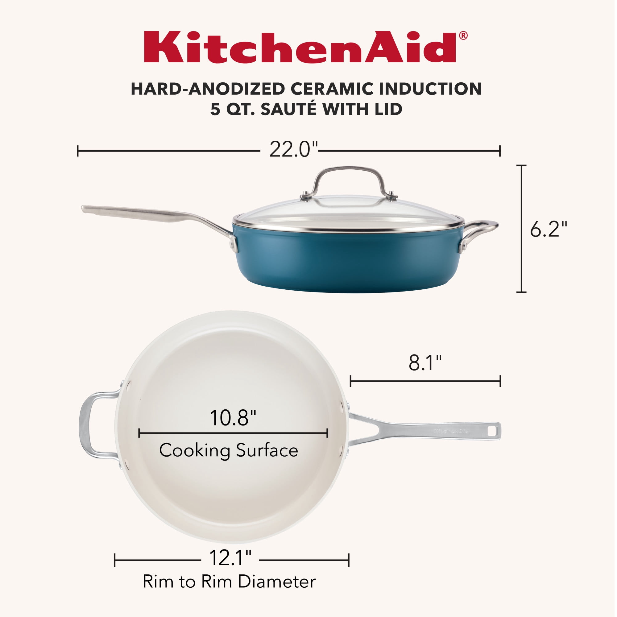 KitchenAid Hard-Anodized 5 Quart Ceramic Induction Saute Pan with Lid and Helper Handle, Dishwasher Safe and Oven Safe to 500°F, Agave Blue