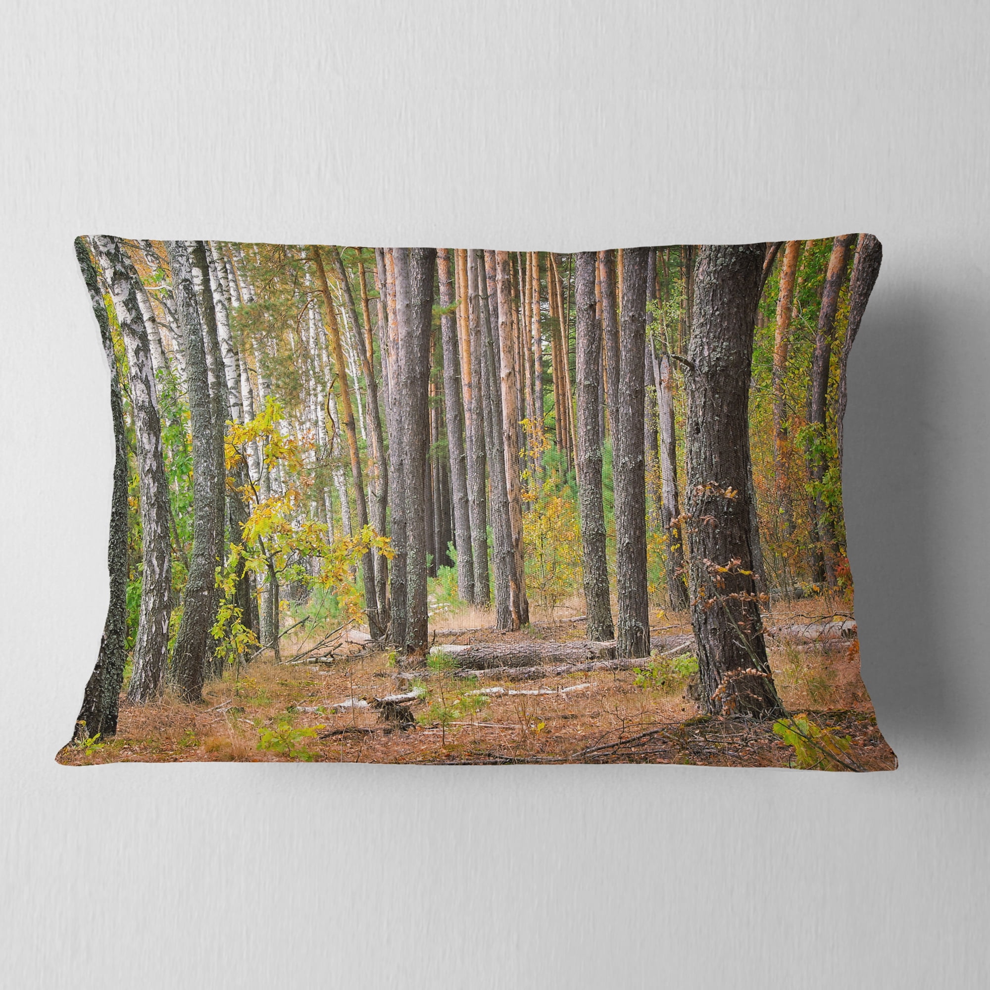 Designart Green Fall Forest with Thick Woods - Modern Forest Throw Pillow - 12x20