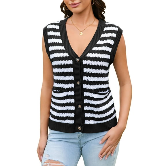 ATTRACO Women Striped Sweater Vest Buttom Down Crochet Sleeveless Cardigans Versatile Tank Top