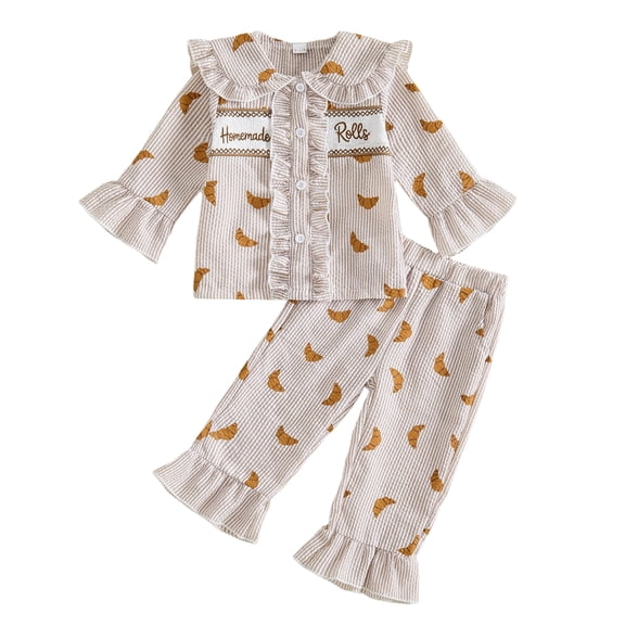 Cjfdfy Toddler Girls Thanksgiving Pajamas Set Homemade Rolls Print Long Sleeve Collar Tops And Ruffle Pants Cute My First Thanksgiving Fall Holiday Pjs Clothes 6M-6Y