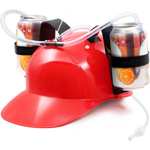 Party Drinking Helmet Hat with Straws - Holds 2 Cans, Adjustable Head Strap for Beer Soda Fun, Red & Yellow