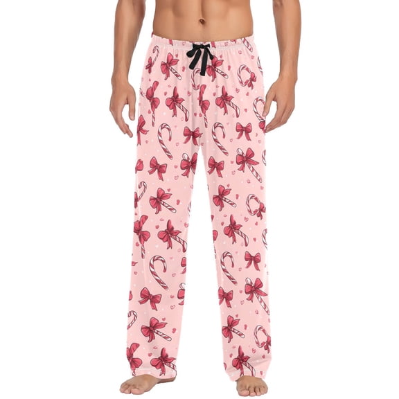 Men's Pajama Bottoms Christmas Candy Canes and Bows Men's Cotton Pajama Pants Men's Loose Printed Pajama Pants Casual Pants with Pockets