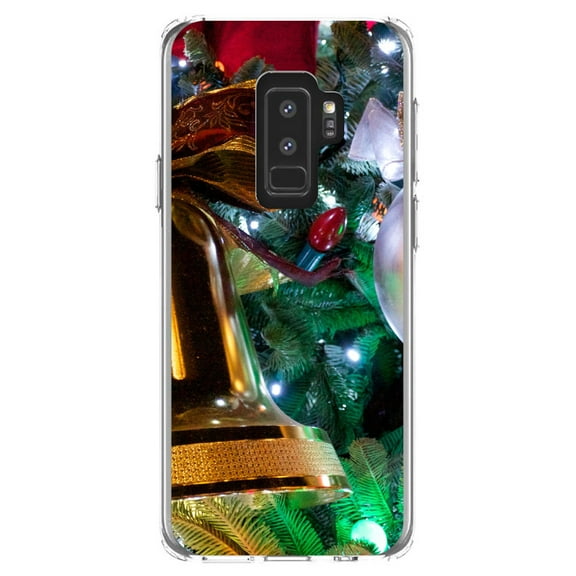 DistinctInk Clear Shockproof Hybrid Case for Samsung Galaxy S9  PLUS (6.2" Screen) - TPU Bumper, Acrylic Back, Tempered Glass Screen Protector - Christmas Ornaments Bell - Christmas All Year