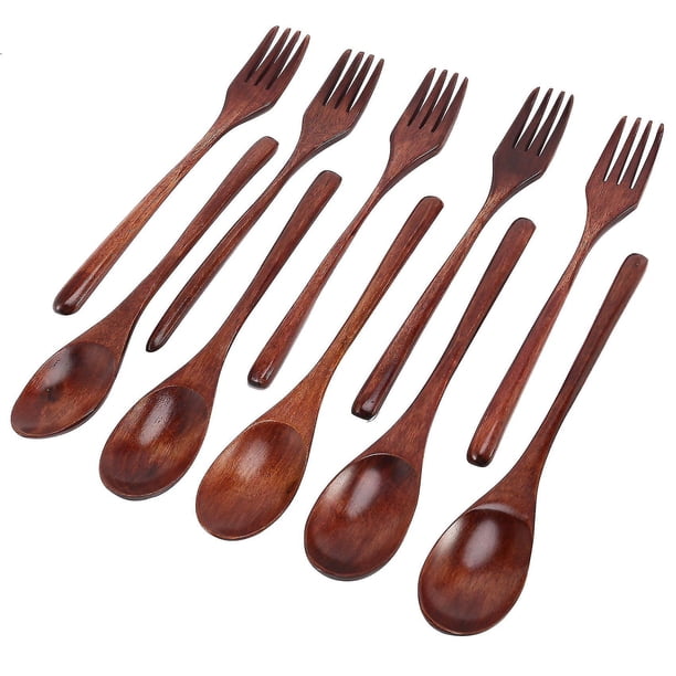 10 Pcs Wooden Spoons Forks Set Wooden Utensil Set Reusable Natural Wood Set For Cooking Eating