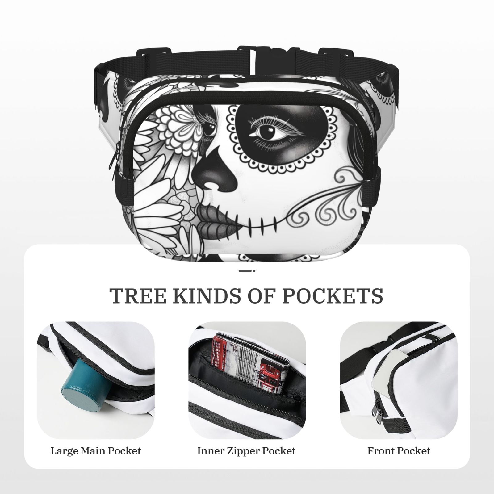 Fuzoiu Floral Sugar Skull Portrait Print Unisex Square Double Layer Waist Bag,Crossbody Fanny Pack Travel Workout Accessory