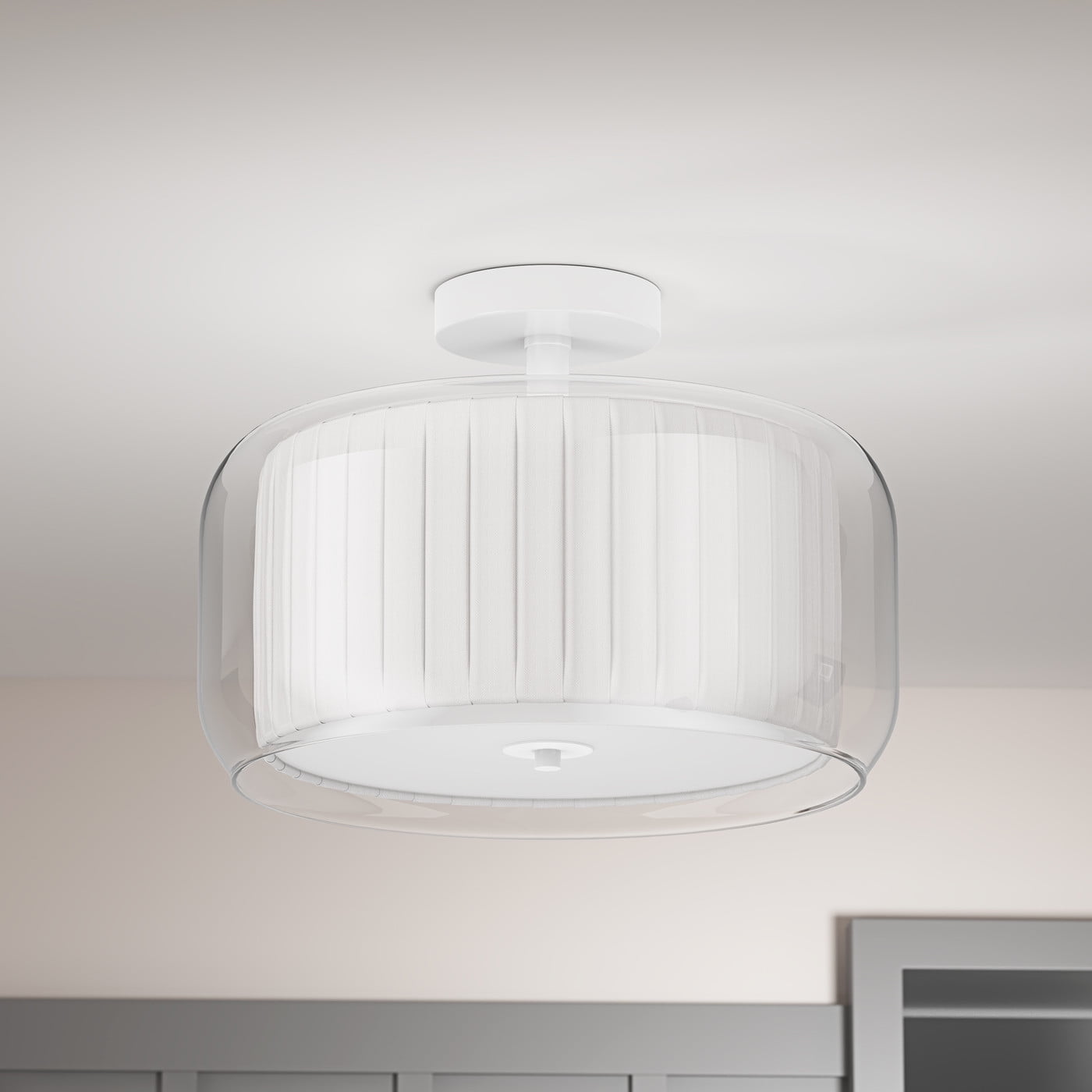 Aiwen Semi Flush Mount Ceiling Light Modern Lighting Off-White Rustic Drum Shape Ceiling Lighting with Clear Glass and Fabric Shade
