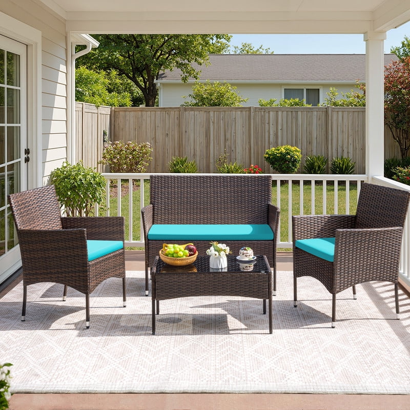 Vineego 4 4PCS Patio Furniture Set Outdoor Conversation Rattan Chairs with Cushion and Loveseat Glass Table for Garden Backyard Porch, Brown/ Blue