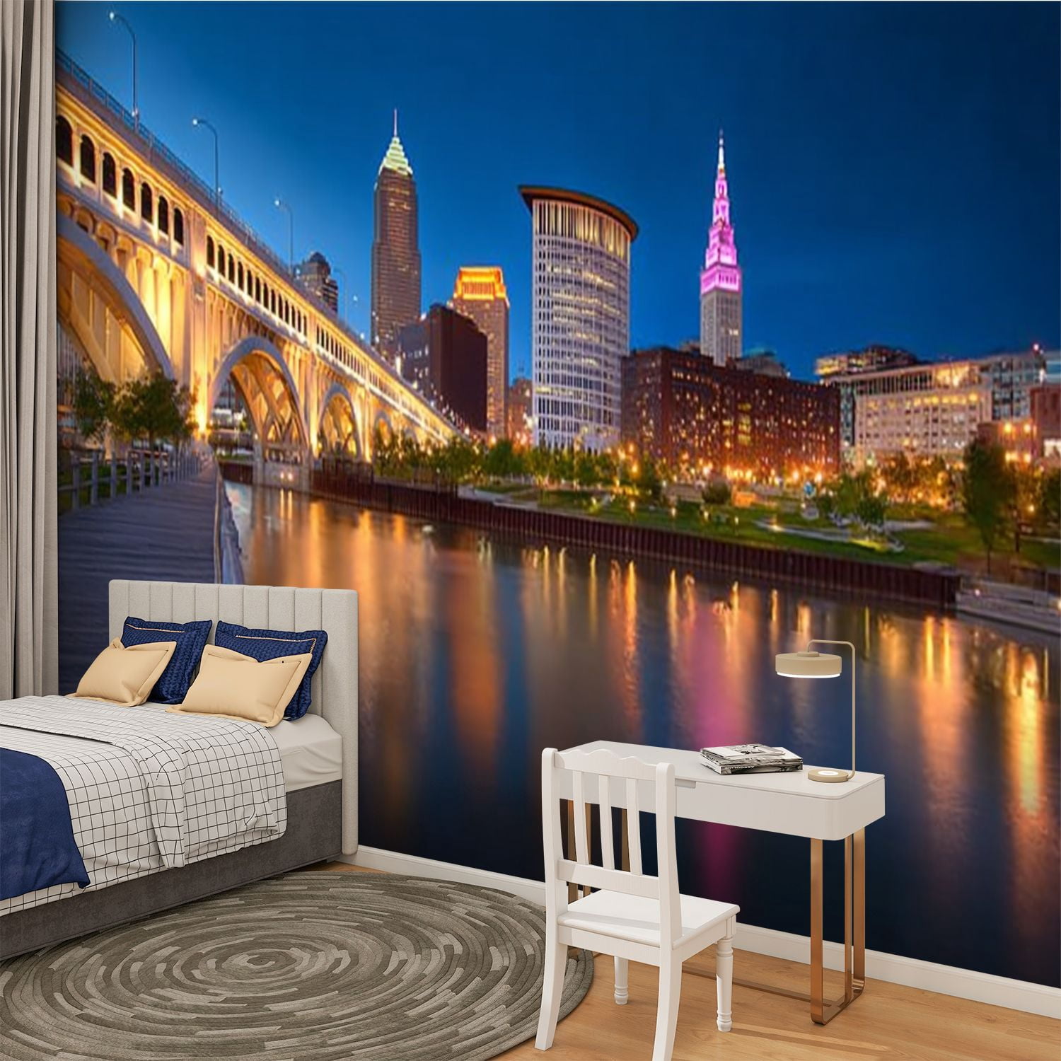 Peel and Stick Wallpaper Night time photo downtown Clevelands skyline Modern Art Wall Mural Decor Self Adhesive and Removable 100in x 144in