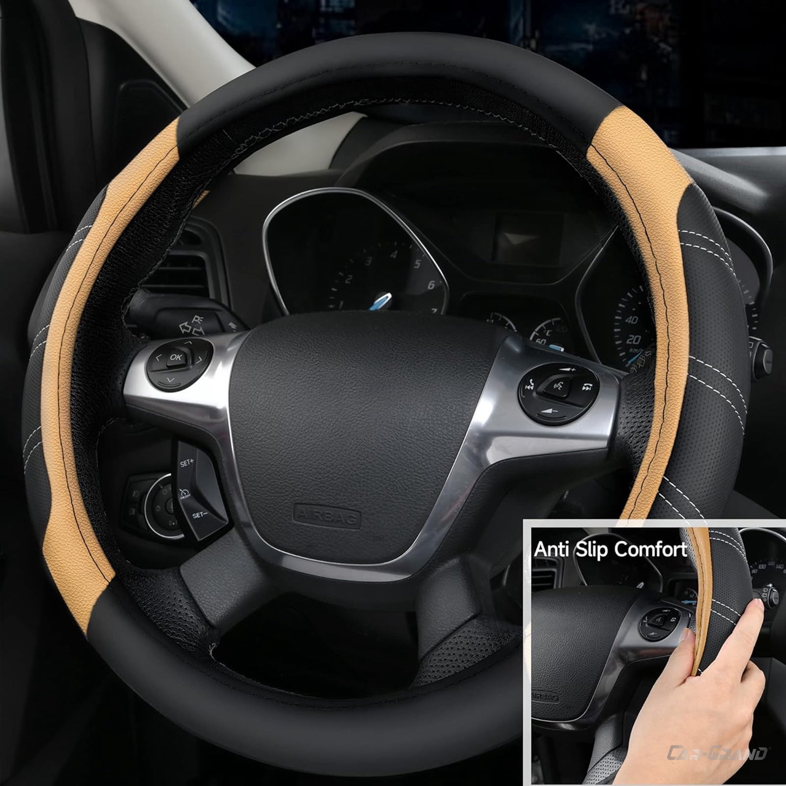 CAR GRAND Leather Steering Wheel Cover and Waterproof Carpet Car Floor Mats,Universal Fit Combo Pack Sedan,SUV,Cars, 14.5" to 15" Sporty Anti-Slip Beige