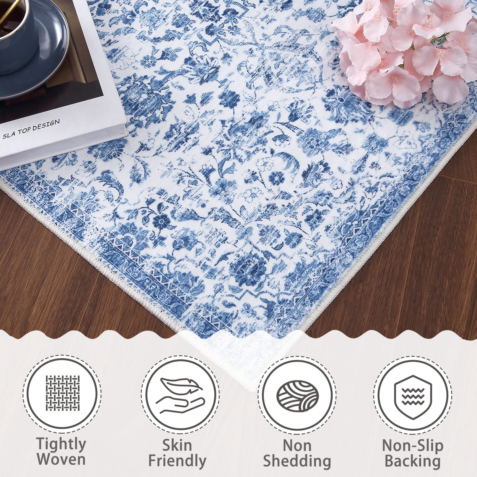 Hasoo Large Area Rug 9' x 12' Blue Multi Vintage Rug Flodable Thin Rug Retro Distressed Carpet Floral Print Boho Rug for Kitchen Bedroom Living Room Dining Room