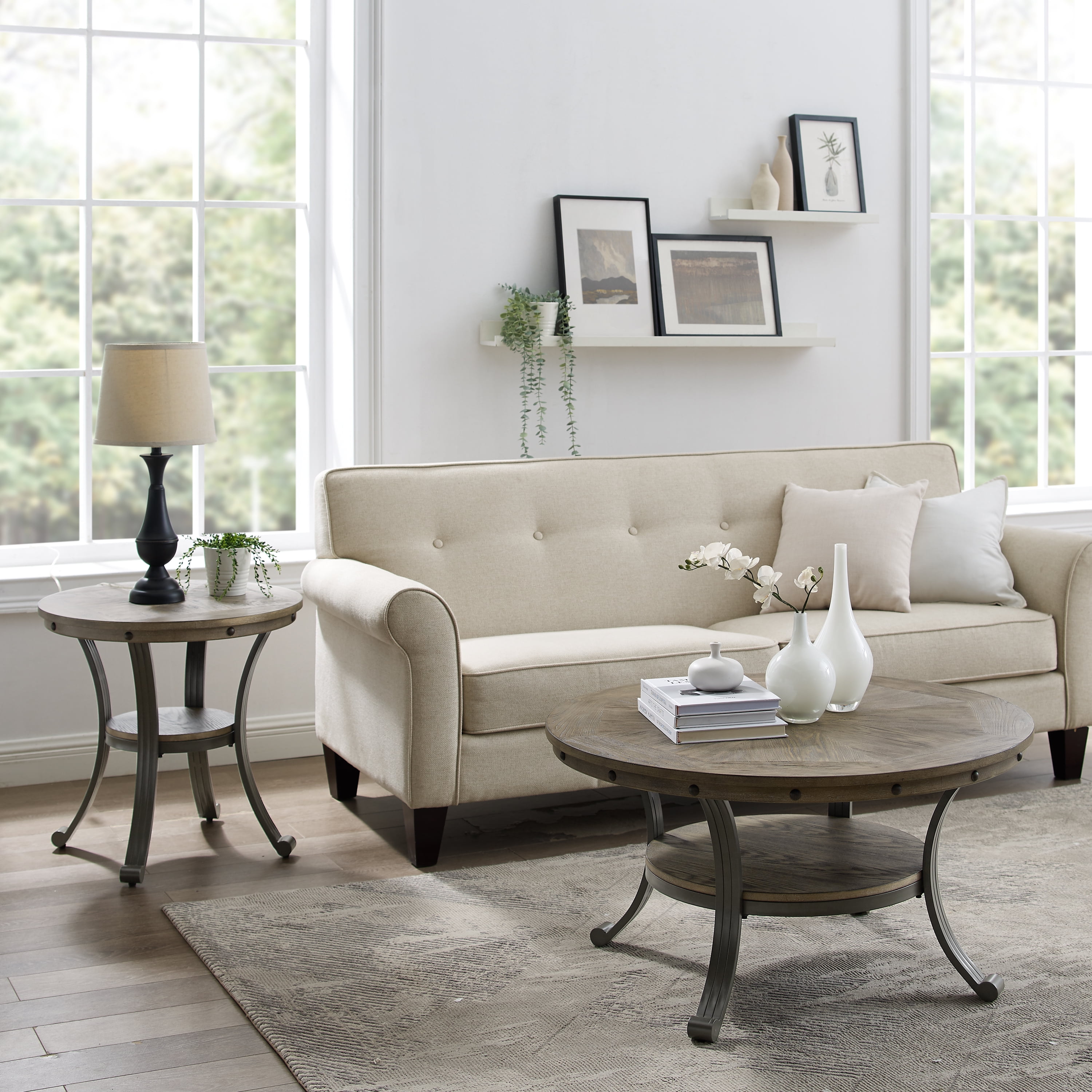 Powell Holloway Round Indoor End Table with Shelf, 23" Tall, Pewter