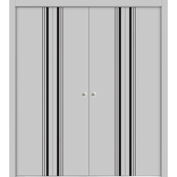 Sliding Closet Double Bi-fold Doors | Planum 0011 Grey Matte with Frosted Glass | Sturdy Tracks Moldings Trims Hardware Set | Wood Solid Bedroom Wardrobe Doors