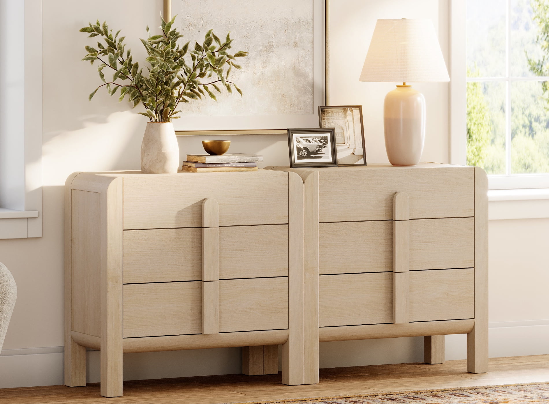3 Drawer Curved Dresser for Bedroom Set of 2, Mid Century Modern Chest of Drawers, Wood Storage Dresser Organizer for Bedroom Living Room Hallway Closet