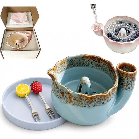 Ceramic Self Spinning Berry Washing Bowl, 360 Swirl Rinse Berry Bowl Washer with Raised Center Cone & Drain Base (Blue)