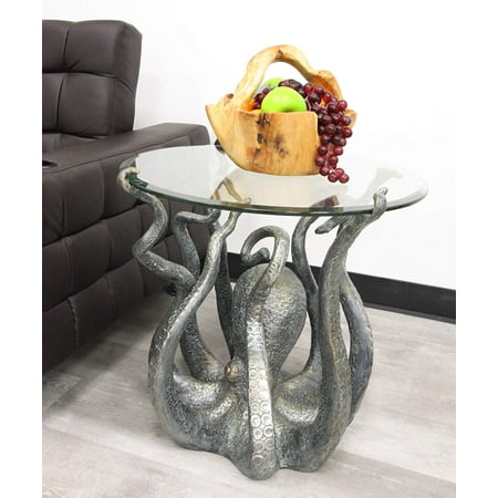 Ocean Isle Coffee Table Ebros Gift Aluminum Metal Nautical Ocean Deep Sea Octopus with Raised Tentacle Legs Round Side Coffee Table with Glass Top Furniture Collectible Fantasy Kraken Monster End Tables for Home and Office ()
