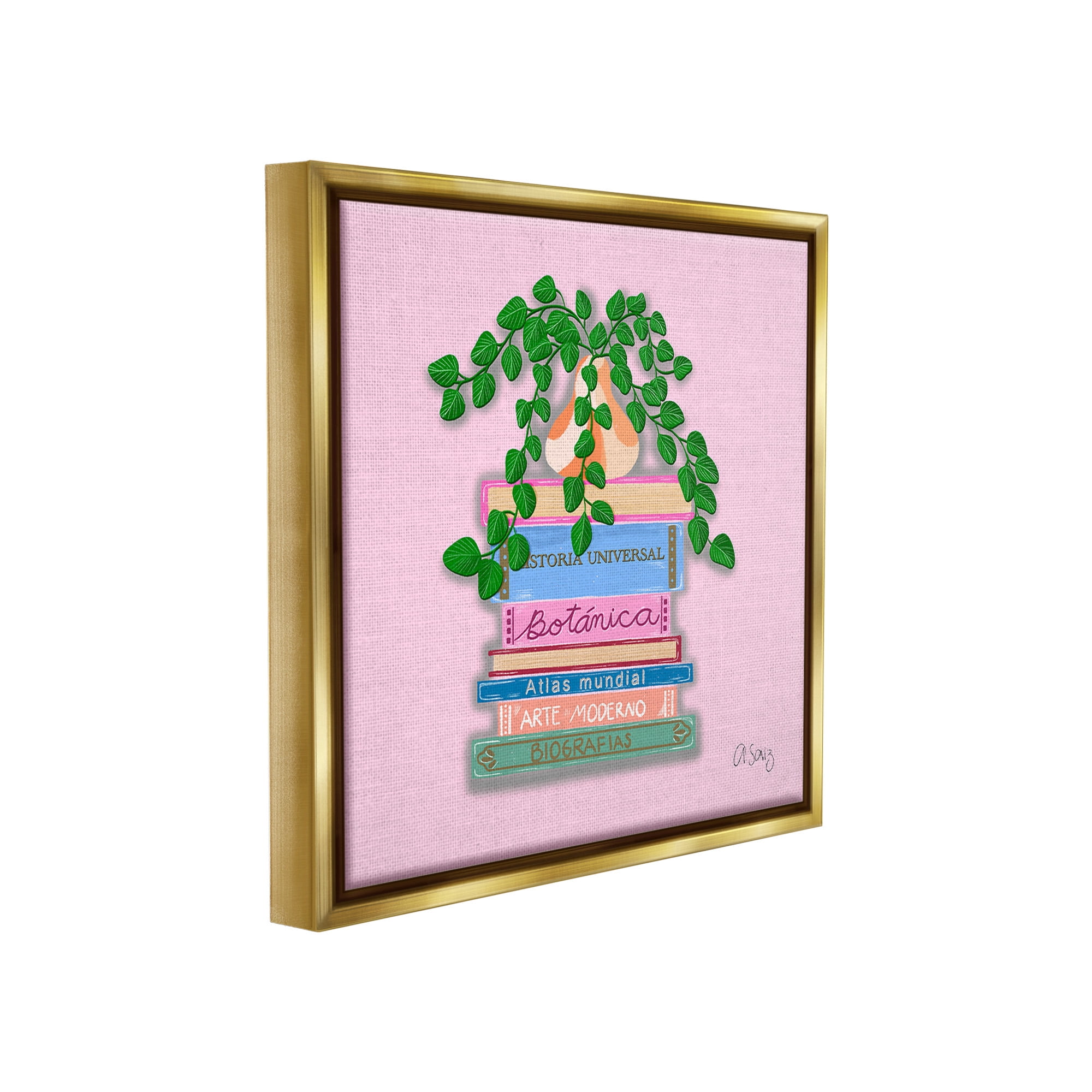 Stupell Industries Bookstack with Plant Vase Botanical & Floral Painting Gold Floater Framed Canvas Art Print Wall Art, 18 x 18