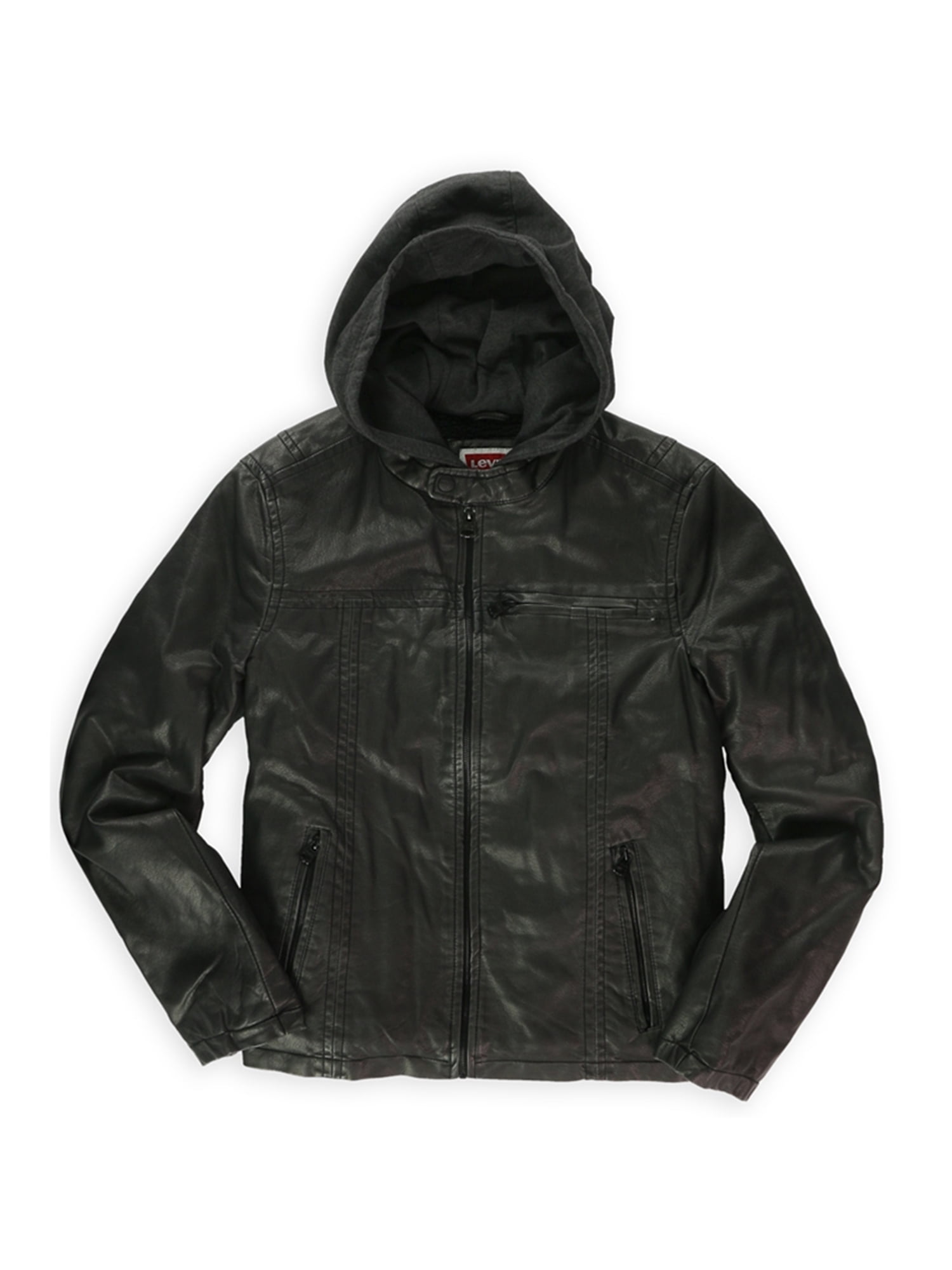 Levi S Mens Hooded Faux Leather Motorcycle Jacket Blk