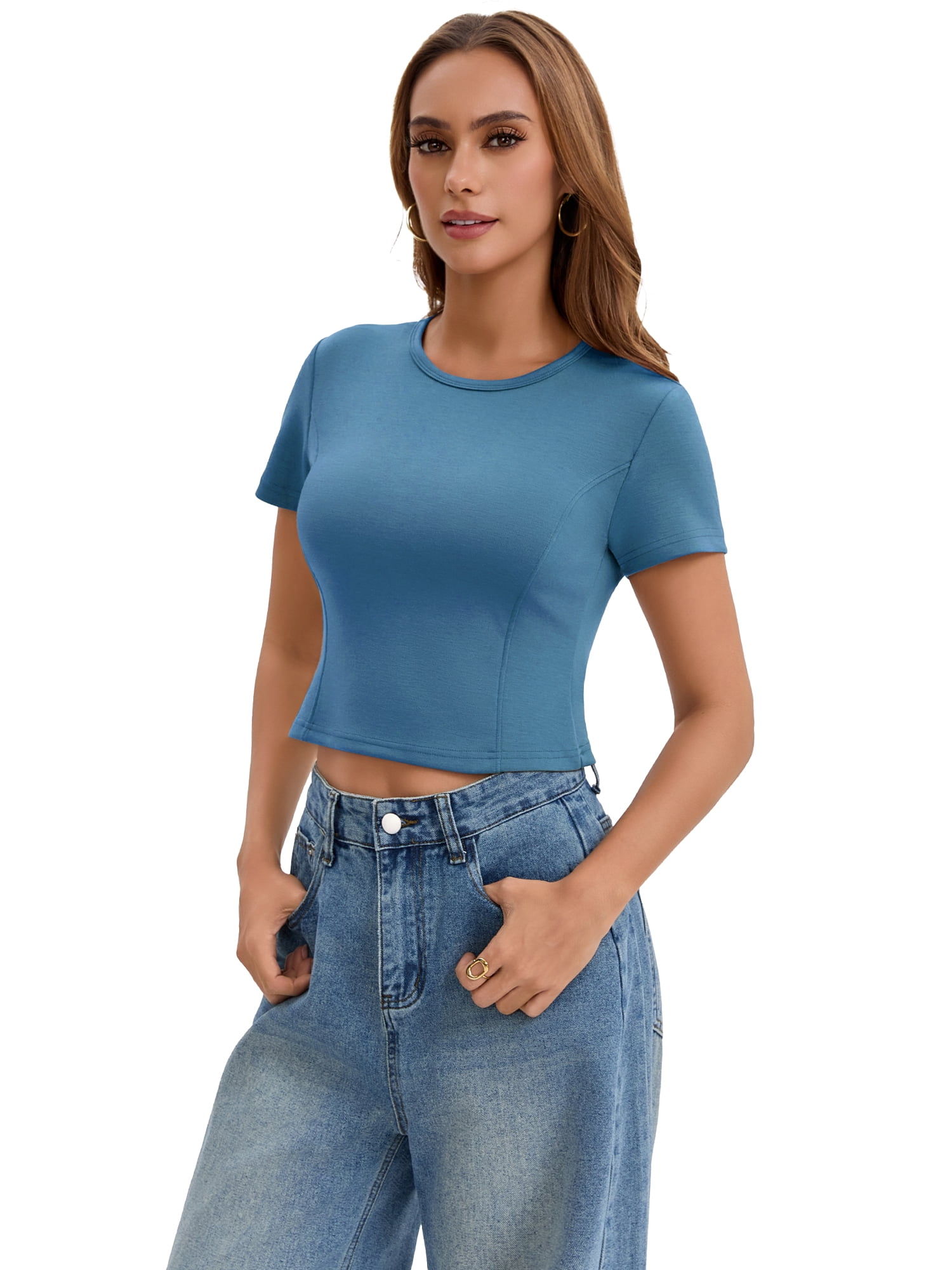 DARING DIVA Women's Cropped Basic Tees with Short Sleeves and Crewneck L Blue