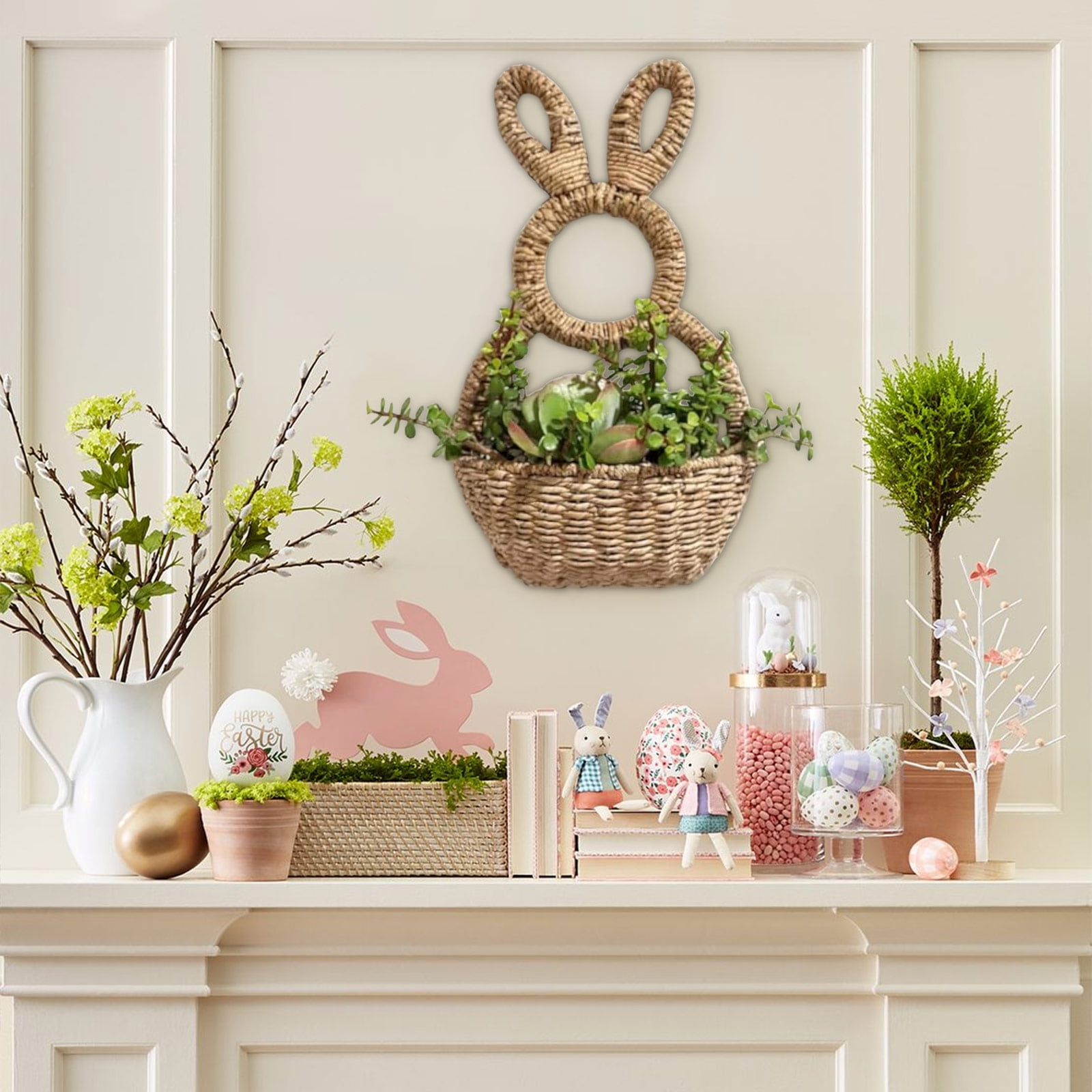 Bunny Basket Hanging Wall Pocket Spring Decor,2025 Easter Bunny Hanging Ornament,Woven Rabbit Statue Spring Wreath,Unlined Bunny Basket Makes Decorate for Flowers, Easter Eggs, Gifts