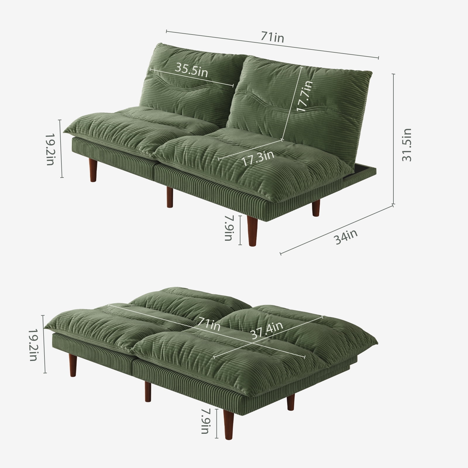 LLappuil 71" Corduroy Futon Convertible Sofa Bed, Loveseat Sleeper Sofa Couch for Living Room Apartment Green