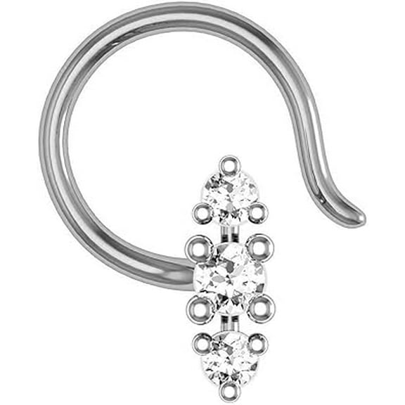 Round Cut Cubic Zirconia 3-Stone Nose Solitaire Stud Ring | 14K White Gold Plated 925 Sterling Silver Piercing Pin for Women
