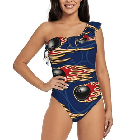 Sikiie Bowling Ball And Flame Print Women One Piece Swimsuits Tummy Control One Shoulder Bathing Suits Ruffle Swimwear  From S to XXL-XX-Large