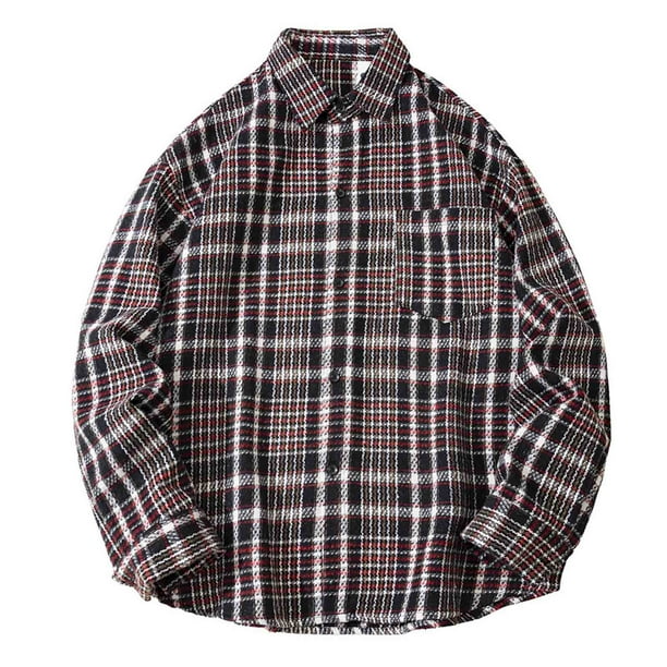 Blusa y camisa de manga larga con cuello vuelto para hombre, blusa informal a cuadros a la moda con botones y cuello vuelto, blusa de poliéster para hombre