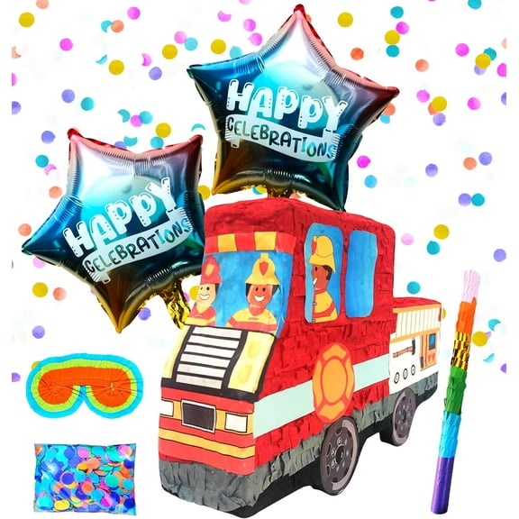 Fire Truck Pinatas Bundle Complete Set with Blindfold, Bat,Confetti and 2 Ballons, Ideal for Boy Birthday Party Decorations & Firefighter Themed Party Favors, Fire Engine Pinatas