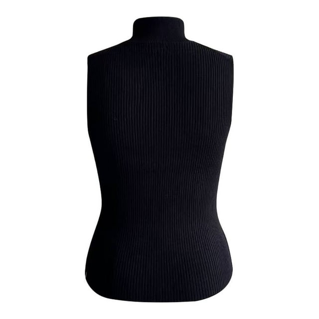 Blusa George para Mujer, sin Manga Cuello Alta Tela Rib Negro Talla G, vista trasera centrada de blusa sin mangas en tejido rib negro con cuello alto que favorece la silueta, diseñada para comodidad y libertad de movimiento, ideal para uso casual diario y combinar con jeans, también adecuada para capas en climas frescos.