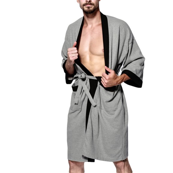 Npasoilc Waffle Robes for Men Long Sleeve Waist Bandage Lace-Up Bathrobe Lightweight Comfort Knee-Length Pajama Robe with Pockets Soft Sleepwear Casual Nightgown Loungewear