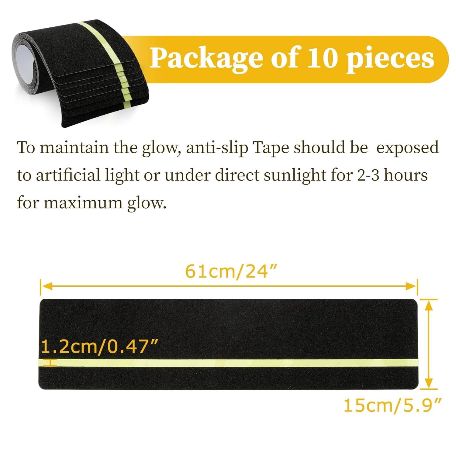 Grip Tape for Stair Non Slip 10-Pack Black Glow 6" x 24",Outdoor Steps Treads Anti Slip Weather Resistant Glow in Dark