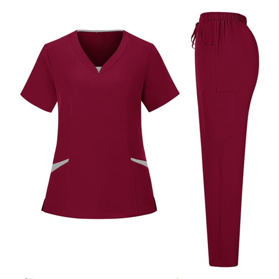 Resivox Scrubs for Women Plus Size Jogger Scrubs Stretchy V Neck Scrub Tops and Pants Nursing Top Medical Uniforms Tall Scrubs Wine L