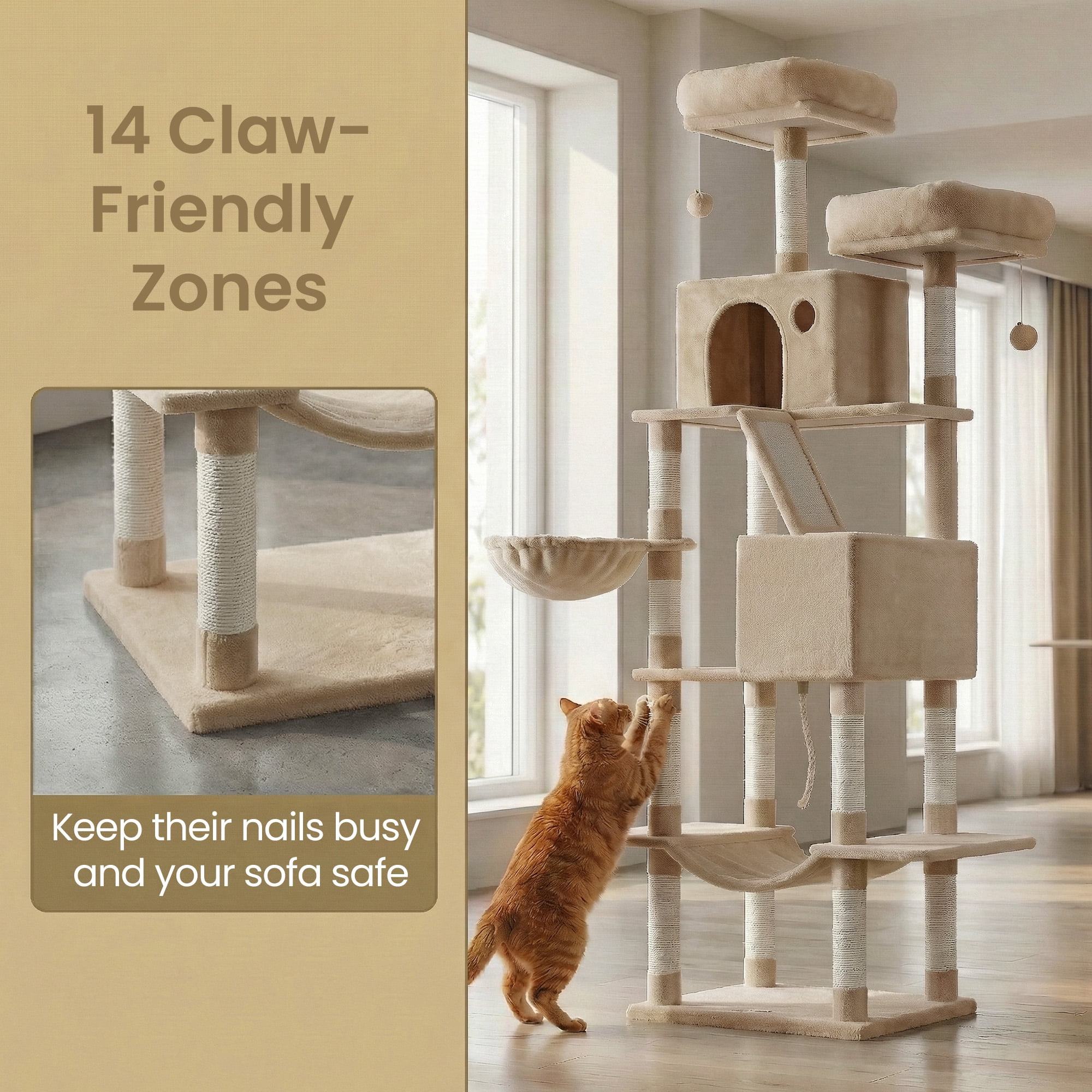 LEDREM 81.1-Inch Large Cat Tree Tower, Multi-Level Cat Condo with 13 Scratching Posts, 2 Perches, 2 Caves, Hammock & Basket, Camel Brown