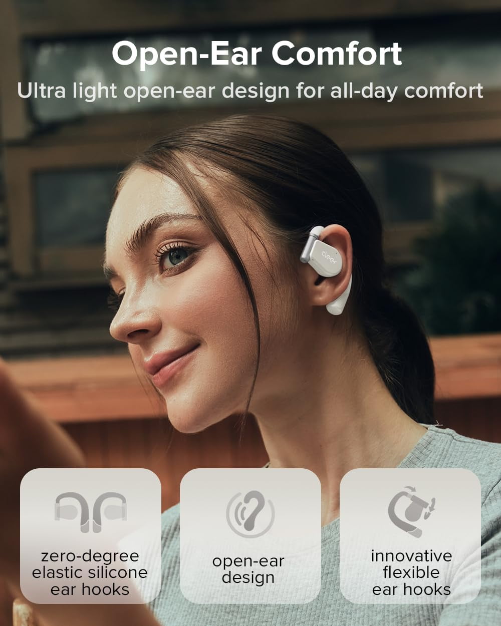 Cleer ARC3 Open Ear True Wireless Earbuds with Secure Earhooks, Water Resistant IPX7, Built-in Microphone, Grey